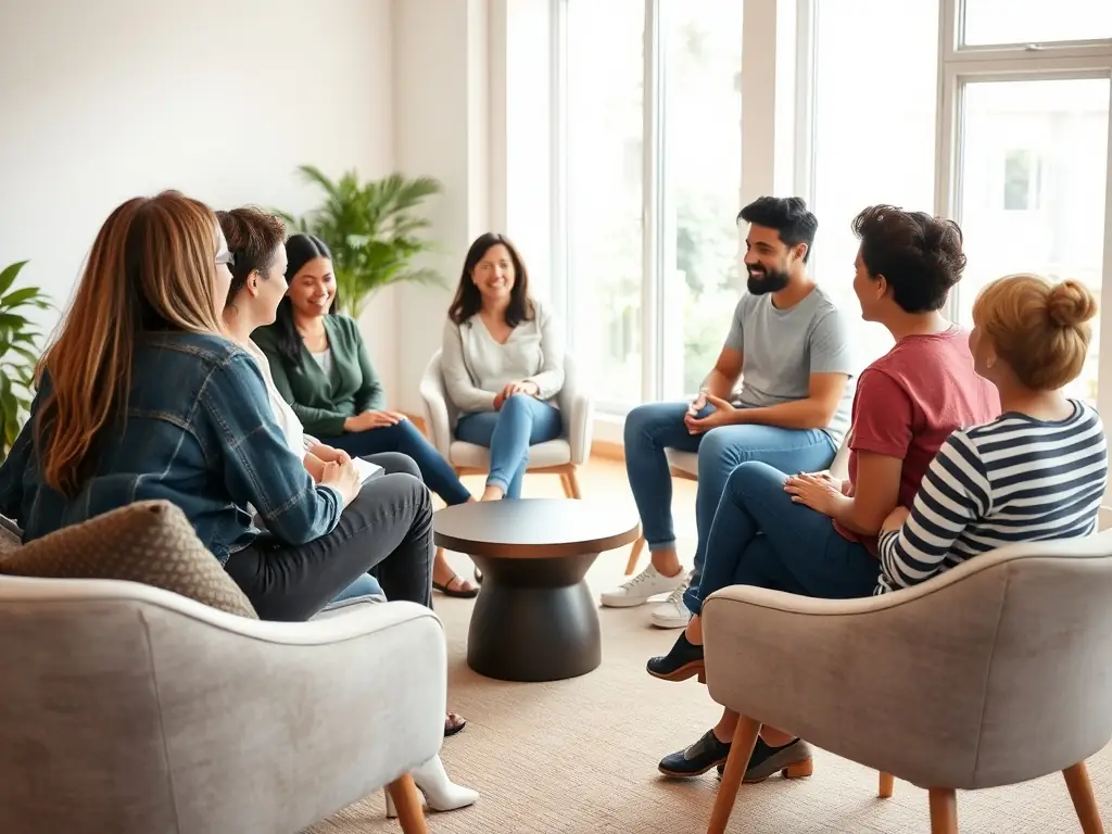 A group of people sitting in a circle, engaged in a peer support session, with a facilitator guiding the discussion. The setting is warm and inviting, symbolizing community and shared experiences.