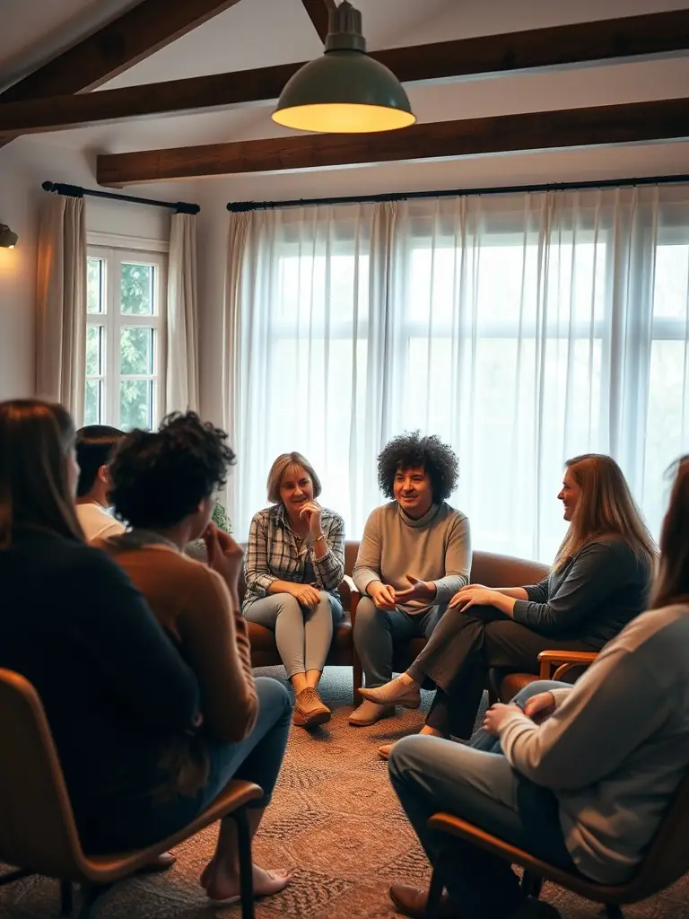 A photograph of a diverse group of people sitting in a circle, engaged in a peer support session, with warm lighting and a focus on connection and empathy.