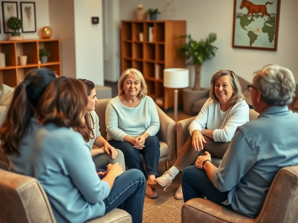A group of people sitting in a circle, engaged in a peer support session, with a facilitator guiding the discussion. The setting is warm and inviting, symbolizing the supportive environment of AAVL's peer support program.