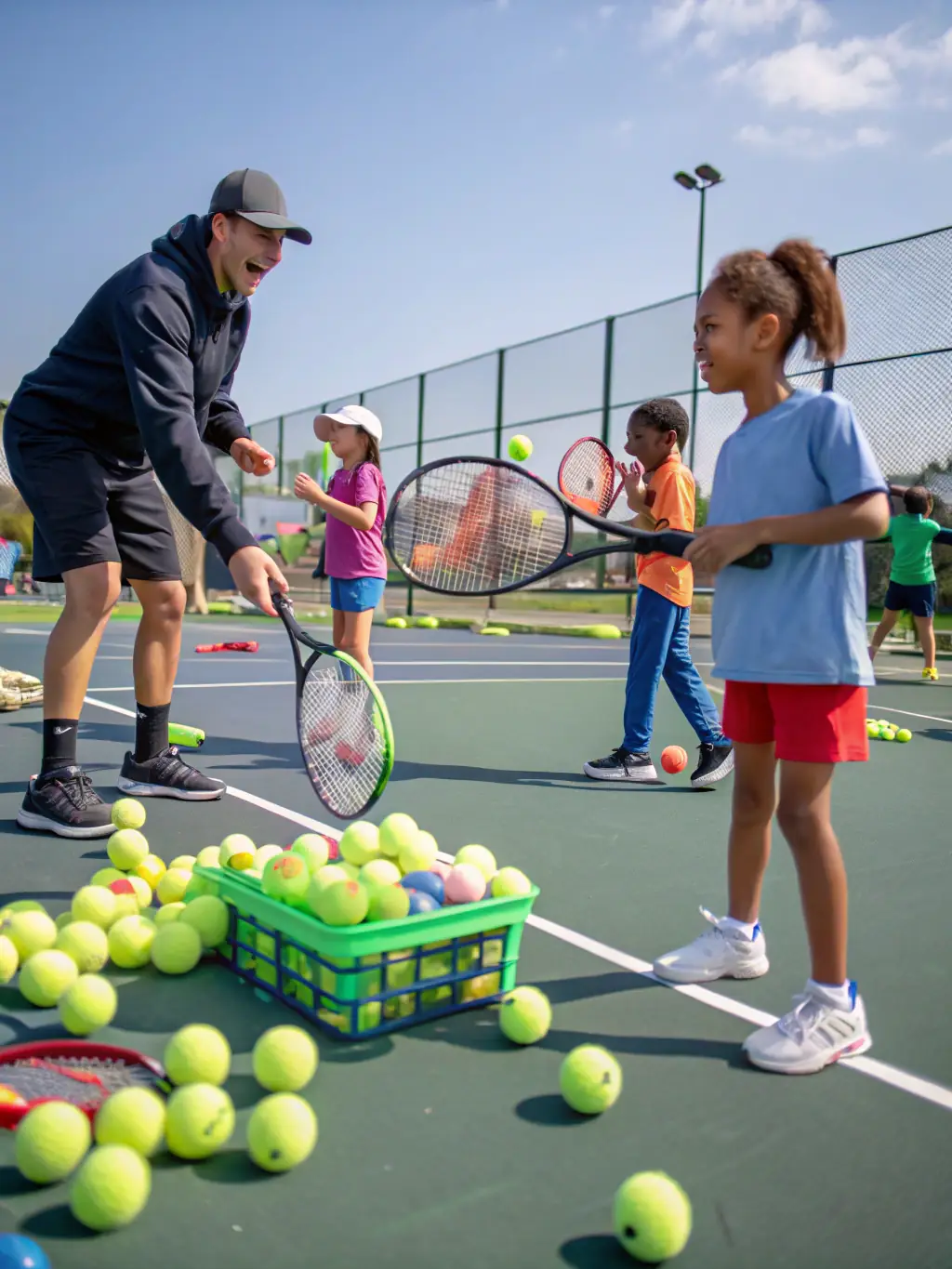 A dynamic shot of junior players participating in a tennis clinic, focusing on forehand technique, with a coach providing instruction.