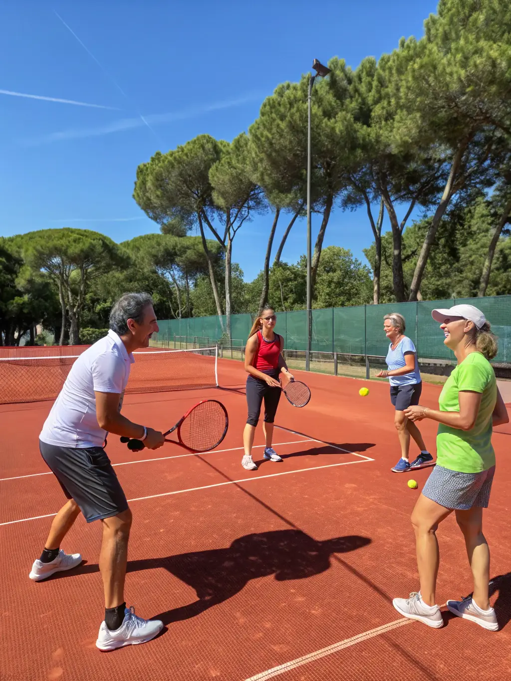 A diverse group of MTSTA.T.C members participating in a friendly tennis tournament, emphasizing the club's inclusive and competitive spirit.