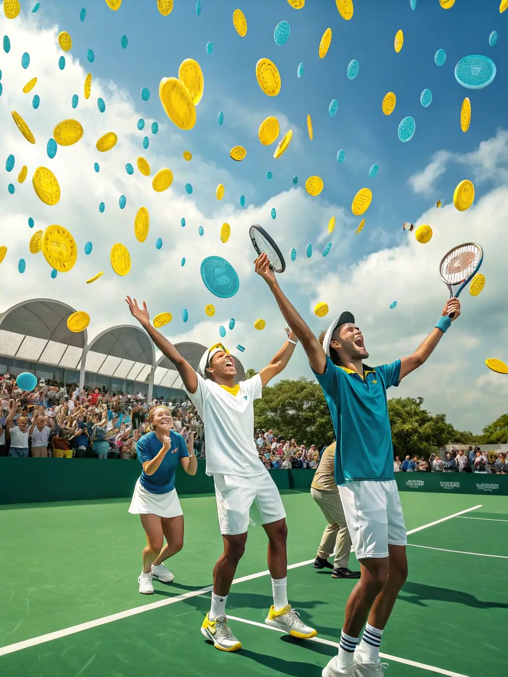 A group of adult players engaged in a doubles match during a club tournament, showcasing competitive spirit and camaraderie.