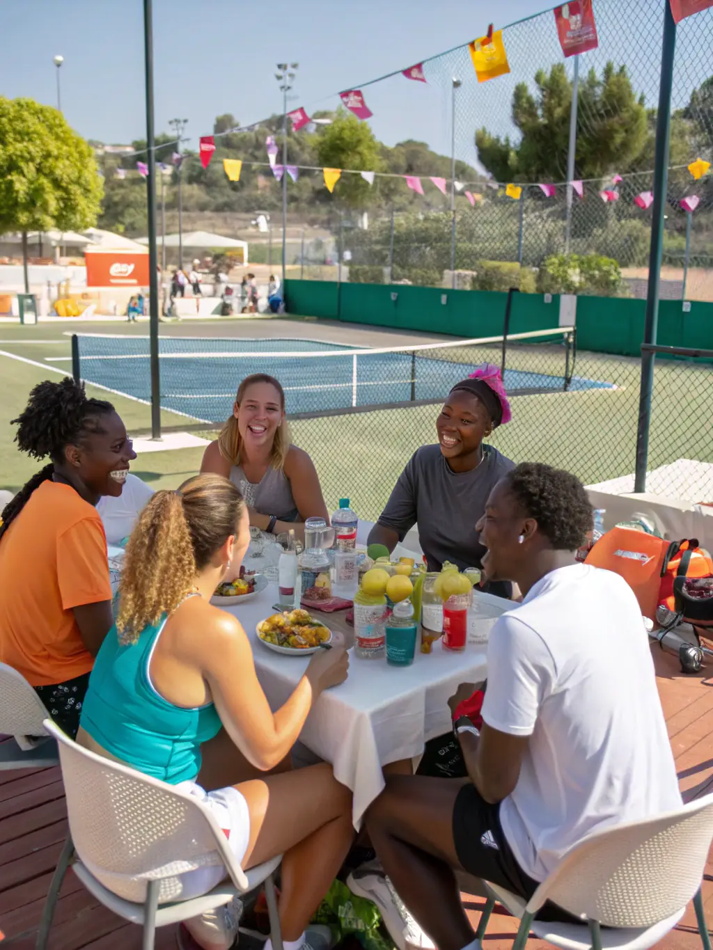 A group of MTSTA.T.C members socializing and laughing together after a tennis match, showcasing the club's friendly and supportive community.