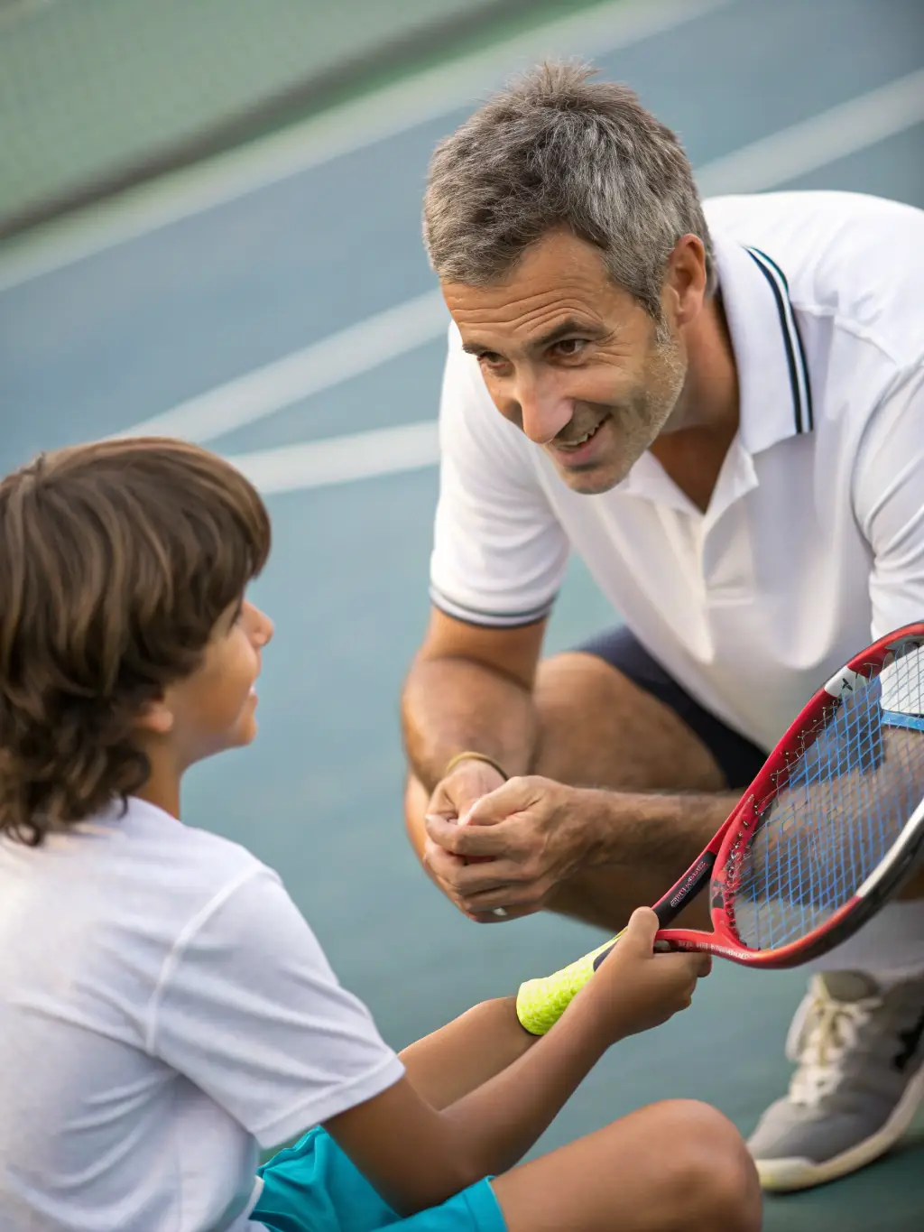A close-up of a coach providing personalized instruction to a player during a private coaching session, emphasizing technique refinement.