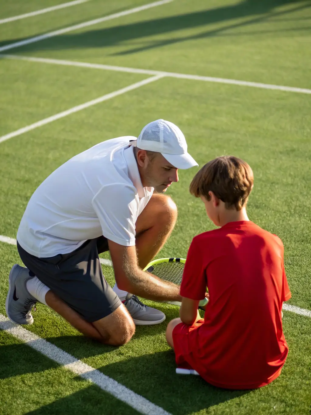 A high-quality photo of a tennis coach providing personalized instruction to a player on the court at MTSTA.T.C, emphasizing the club's commitment to expert coaching.