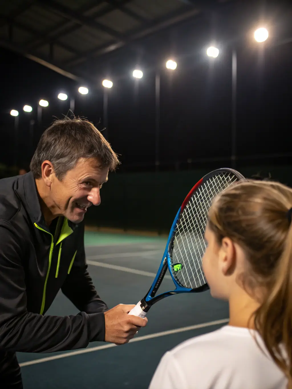 A vibrant image of junior tennis players participating in a training session at MTSTA.T.C, focusing on forehand technique, with a coach providing guidance.